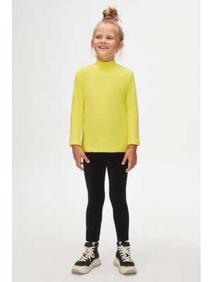 Fosforlu Sarı Basic Kışlık Yarım Balıkçı Yaka Uzun Kollu Kız Çocuk Tişört
