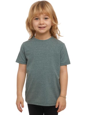 Koyu Yeşil Melanj Basic Unisex Çocuk Sıfır Yaka Kısa Kollu Tişört