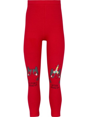 Açık Kırmızı Make UP Kedi Baskılı Kız Çocuk Mevsimlik Tayt