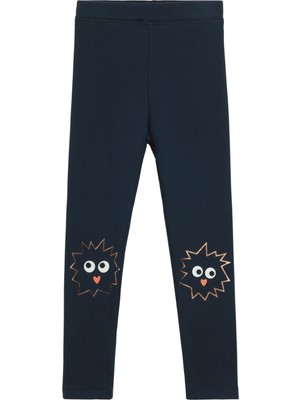 Koyu Lacivert Crazy Eyes Baskılı Kız Çocuk Kışlık Şardonlu Kız Çocuk Tayt