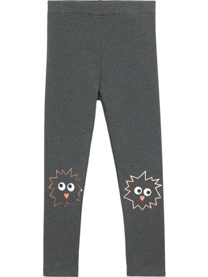 Koyu Gri Crazy Eyes Baskılı Kız Çocuk Kışlık Şardonlu Kız Çocuk Tayt