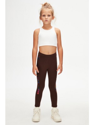 Kahverengi New York Baskılı Şardonlu Kız Çocuk Kışlık Tayt