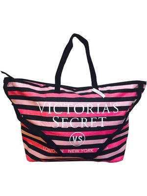 Vs Simli Siyah Pembe Çizgili Askılı Duffle Carryall Tote