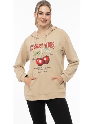 Kadın Kiraz Baskılı 3 Iplik Şardonsuz Sweatshirt Bej