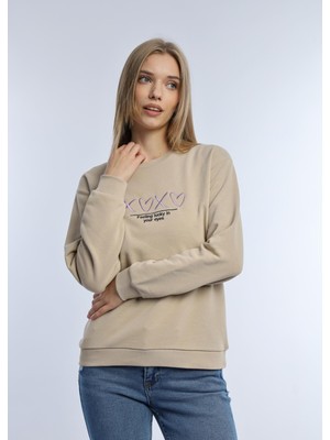 Kadın Bisiklet Yaka 3 Iplik Şardonsuz Sweatshirt Bej