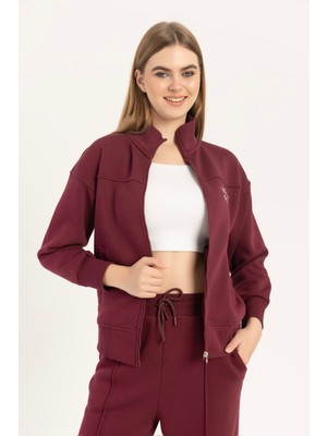 Kadın Fermuarlı Dik Yaka Sweatshirt Bordo