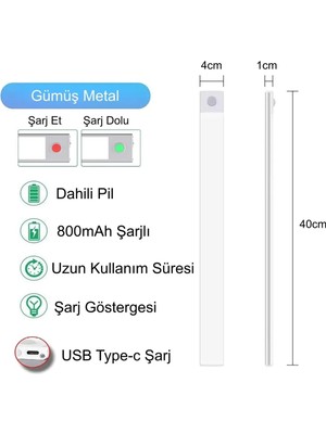 Şarjlı Dolap Işığı 3 Renk Kısılabilir Mutfak Dolap Tezgah Çalışma Odası LED Gece Lambası - 40 cm