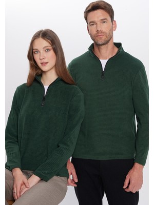 Tudors Unisex Standart Fit Rahat Kesim Tüylenme Yapmayan Soğuk Geçirmez Dik Yaka Haki Polar Sweatshirt