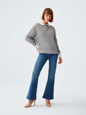 Loft Kadın Flare Slim Fit Denim Pantolon 24/30 Normal Bel Düz Desen Günlük Kullanım İçin