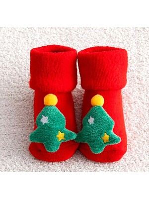 Yılbaşı Temalı Ponpon Detaylı Bebek Havlu Çorap S Beden (Model 2)