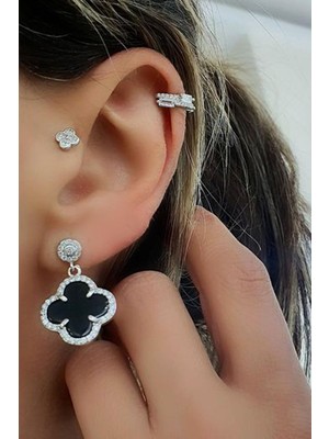 Ose Shop Oniks Taşlı Zirkon Taş Detaylı 925 Ayar Gümüş Yonca Küpe