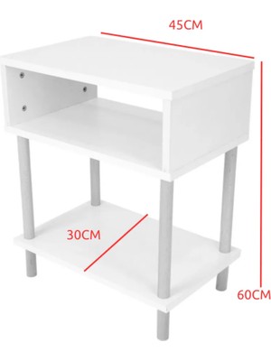 Peka 2 Raflı Modern Komodin Yatak Odası Başucu Düzenleyici Ahşap Ayaklı Yan Sehpa-Beyaz