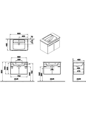 VitrA Quadrum 66165 Lavabo Dolabı, Kapaklı, 80 cm, Antrasit