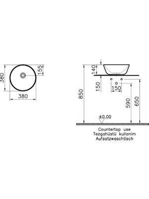 VitrA Geo 7421B083-0016 Yuvarlak Çanak Lavabo, 38 cm, Mat Siyah