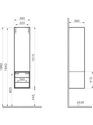 VitrA Frame 61257 Boy Dolabı, Çekmeceli, 40 cm, Mat Soft Beyaz