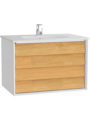 VitrA Frame 61228 Lavabo Dolabı, Çift Çekmeceli, Etajerli Lavabolu, 80 cm, Mat S. Beyaz - Dore Meşe