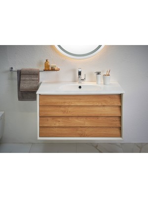 VitrA Frame 61228 Lavabo Dolabı, Çift Çekmeceli, Etajerli Lavabolu, 80 cm, Mat S. Beyaz - Dore Meşe