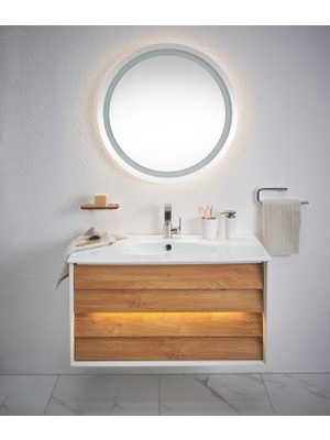 VitrA Frame 61228 Lavabo Dolabı, Çift Çekmeceli, Etajerli Lavabolu, 80 cm, Mat S. Beyaz - Dore Meşe