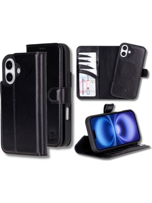 Bouletta Apple iPhone 16 Uyumlu, Hakiki Deri, El Yapımı, Cüzdanlı Kılıf, Parlak Siyah