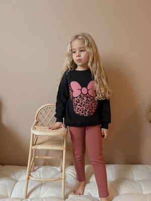 Sacro Kids Kurdeleli Minnie Mouse Baskılı Tayt-Sweatshirt 3 Iplik Kışlık Kız Çocuk Takım