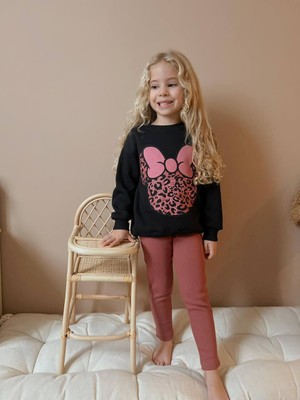 Sacro Kids Kurdeleli Minnie Mouse Baskılı Tayt-Sweatshirt 3 Iplik Kışlık Kız Çocuk Takım