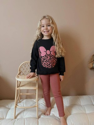 Sacro Kids Kurdeleli Minnie Mouse Baskılı Tayt-Sweatshirt 3 Iplik Kışlık Kız Çocuk Takım