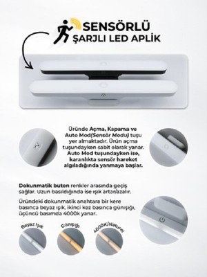 Mıknatıslı Şarjlı LED Işık Micro USB Şarjlı Kablosuz LED Lamba 3 Farklı Işık LED Aplik Dimlenebilir