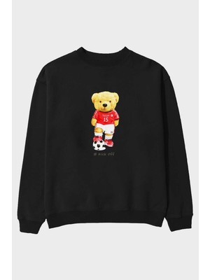 Ankhises Teddy Bear Kick Off Ön Baskılı Siyah Oversize Sweatshirt Erkek Kadın Bisiklet Yaka