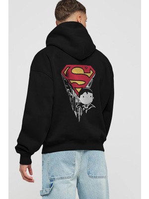 Ankhises Superman Arka Baskılı Siyah Oversize Kapüşonlu Sweatshirt Erkek Kadın