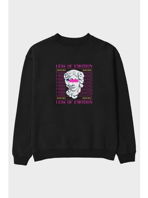 Ankhises Less Of Emotion Ön Baskılı Siyah Oversize Sweatshirt Erkek Kadın Bisiklet Yaka