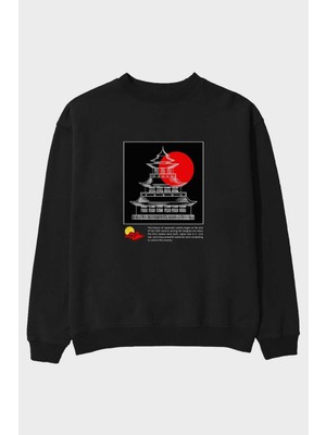 Ankhises Retro Japanese Ön Baskılı Siyah Oversize Sweatshirt Erkek Kadın Bisiklet Yaka