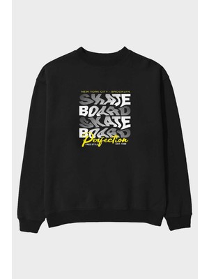Ankhises Skate Board Perfection Ön Baskılı Siyah Oversize Sweatshirt Erkek Kadın Bisiklet Yaka