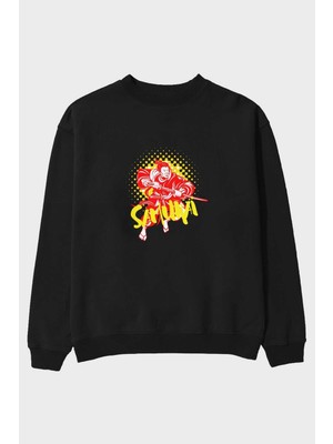Ankhises Samurai Ön Baskılı Siyah Oversize Sweatshirt Erkek Kadın Bisiklet Yaka