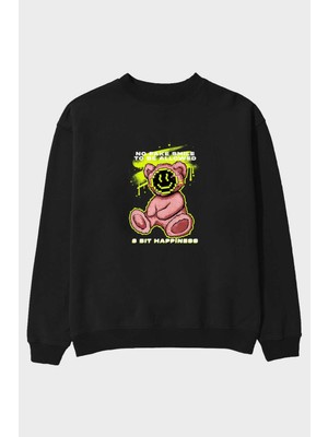 Ankhises No Fake Smile Bear Ön Baskılı Siyah Oversize Sweatshirt Erkek Kadın Bisiklet Yaka