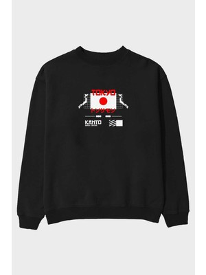 Ankhises Kanto Area Centre Ön Baskılı Siyah Oversize Sweatshirt Erkek Kadın Bisiklet Yaka