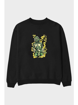 Ankhises Robot Soldier Ön Baskılı Siyah Oversize Sweatshirt Erkek Kadın Bisiklet Yaka