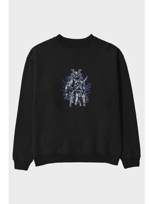 Ankhises Samurai Robot Skull Ön Baskılı Siyah Oversize Sweatshirt Erkek Kadın Bisiklet Yaka