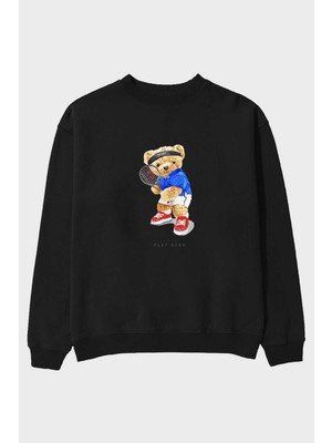 Ankhises Teddy Bear Play Hard Ön Baskılı Siyah Oversize Sweatshirt Erkek Kadın Bisiklet Yaka