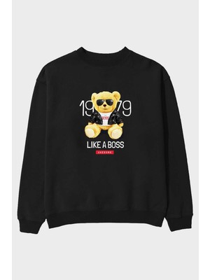 Ankhises Teddy Bear Like A Boss Ön Baskılı Siyah Oversize Sweatshirt Erkek Kadın Bisiklet Yaka