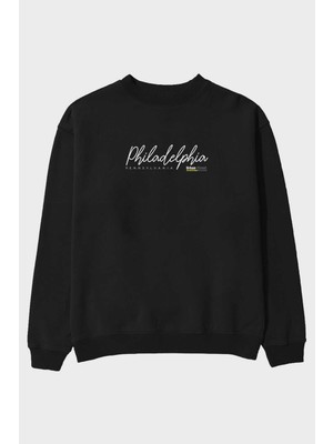 Ankhises Philadelphia Urban Ön Baskılı Siyah Oversize Sweatshirt Erkek Kadın Bisiklet Yaka