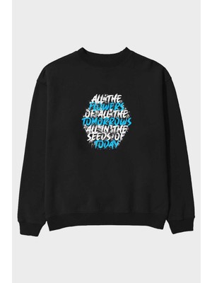Ankhises All The Flowers Ön Baskılı Siyah Oversize Sweatshirt Erkek Kadın Bisiklet Yaka
