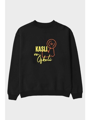 Ankhises Kaslı ve Öfkeli Yazılı Ön Baskılı Siyah Oversize Sweatshirt Erkek Kadın Bisiklet Yaka