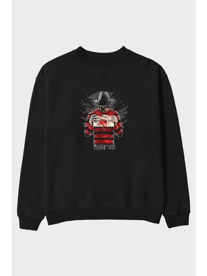 Ankhises Freddy Will Kill For Food Ön Baskılı Siyah Oversize Sweatshirt Erkek Kadın Bisiklet Yaka