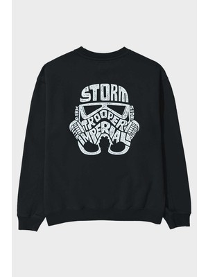 Ankhises Storm Trooper Arka Baskılı Siyah Oversize Sweatshirt Erkek Kadın Bisiklet Yaka