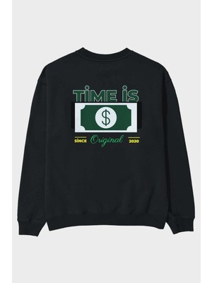 Ankhises Time Is Original Arka Baskılı Siyah Oversize Sweatshirt Erkek Kadın Bisiklet Yaka