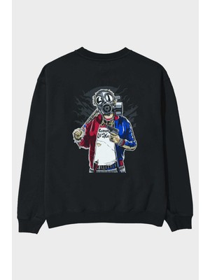 Ankhises Suicide Gasmask Arka Baskılı Siyah Oversize Sweatshirt Erkek Kadın Bisiklet Yaka