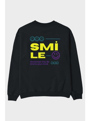 Ankhises Smile Yazılı 2 Arka Baskılı Siyah Oversize Sweatshirt Erkek Kadın Bisiklet Yaka