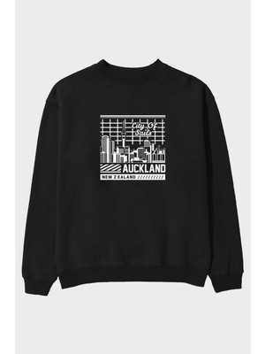 Ankhises Auckland Ön Baskılı Siyah Oversize Sweatshirt Erkek Kadın Bisiklet Yaka