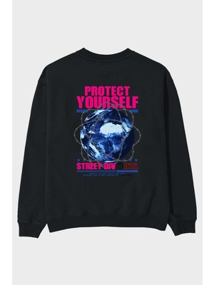 Ankhises Protect Yourself Arka Baskılı Siyah Oversize Sweatshirt Erkek Kadın Bisiklet Yaka