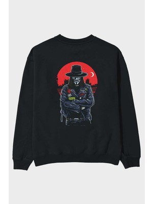 Ankhises Vendetta Arka Baskılı Siyah Oversize Sweatshirt Erkek Kadın Bisiklet Yaka